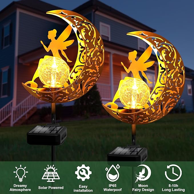 YJFWAL 2 Pack Garden Solar Lights Pathway Stake Lights Moon Fairy Glass Globe with Angel Decor, Outdoor Decorative Lights Waterproof for Walkway, Yard, Patio Decor(Warm White)
