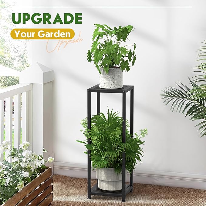 TOSKING 2 Tier Metal Tall Plant Stand Indoor Outdoor ,Multiple Plant Rack Holder Flower Pot Stand Heavy Duty Plant Shelf for Living Room Balcony Garden Patio Bedroom,200 LBS Capacity (Black-30''H)