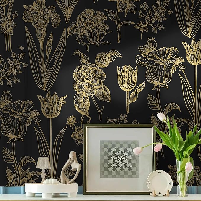 Dimoon 236"x17.3" Floral Wallpaper Peel and Stick Flowers Golden Black Contact Paper Thicken Waterproof Modern Self Adhesive Plants Wallpaper Removable Wall Paper Shelf Vinyl Roll