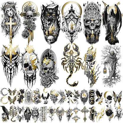 42 Sheets Metallic Gothic Temporary Tattoo for Women Men, 12 Half Arm Golden Skull Cat Floral Fake Tattoos, 30 Black Glitter Rose Butterfly Spider Halloween Tiny Adult Kid Body Tattoos Stickers
