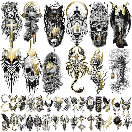 42 Sheets Metallic Gothic Temporary Tattoo for Women Men, 12 Half Arm Golden Skull Cat Floral Fake Tattoos, 30 Black Glitter Rose Butterfly Spider Halloween Tiny Adult Kid Body Tattoos Stickers