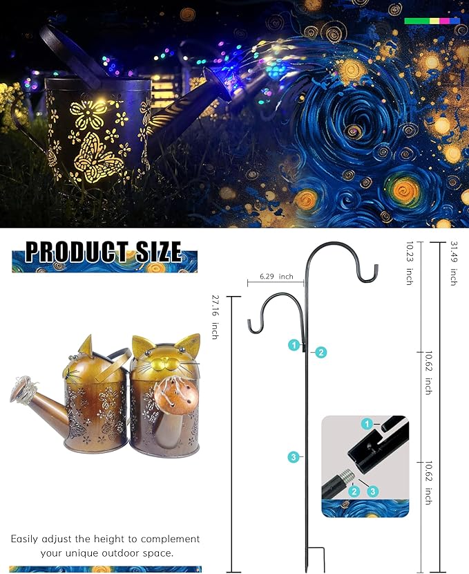 Solar Watering Can with Colorful Lighting, Waterproof Garden Decor, Birthday Gifts for Mom Grandma (Cat, 32 inch Shepherd Hook)