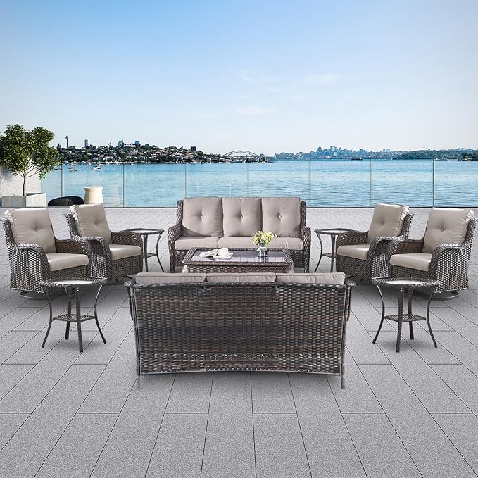 Wicker Patio Furniture Sets - 13 Piece Outdoor Rattan Furniture Conversation Sets with 4 Swivel Rocker Chairs, 2 Rattan Sofas, Wicker Ottomans and Coffee Table, Brown/Grey