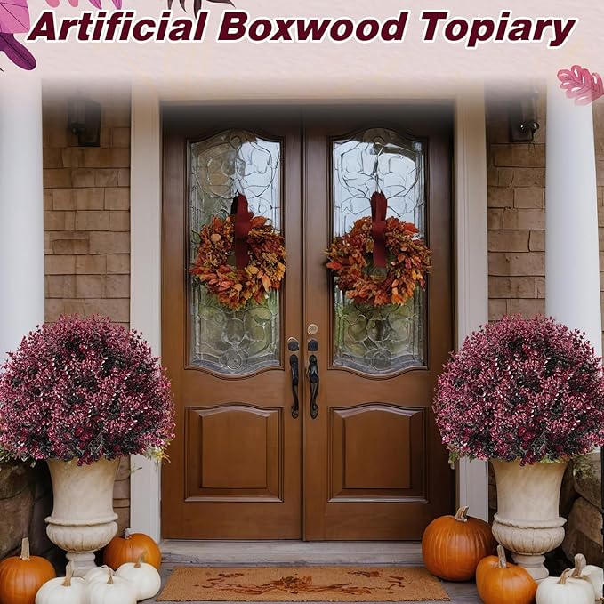 Yunlly 2 Pcs 18 Inch Artificial Boxwood Ball Topiary Tree Fake Outdoor Plants Bush, UV Resistance Faux Shrub with Spike Realistic Greenery Potted for Indoor Garden Yard Porch Patio Decor (Dark Purple)