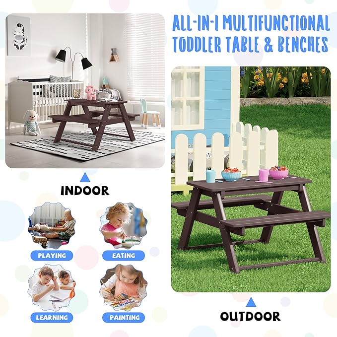 Costaelm Kids Picnic Table, HDPE All Weather Outdoor Toddler Picnic Table and Chair Set Kids Bench for Patio, Backyard, Garden, Lawn, Dark Brown