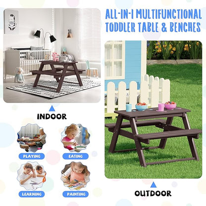 Costaelm Kids Picnic Table, HDPE All Weather Outdoor Toddler Picnic Table and Chair Set Kids Bench for Patio, Backyard, Garden, Lawn, Dark Brown
