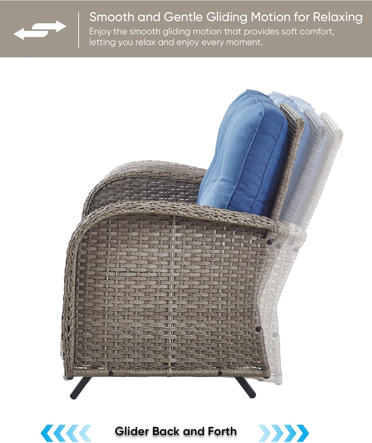 HUMMUH 2-Person Outdoor Glider Bench-All-Weather Wicker Patio Double Swing Rocking Chair Patio Loveseat for Deck Lawn Porch Balcony Poolside-Grey/Blue