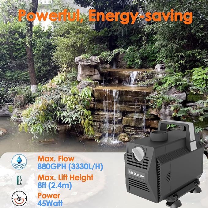 Submersible Water Pump 880GPH/45W Fountain Pumps with Flow Control, Pond Pump Submersible Outdoor with 10ft 3-Core Power cable for Hydroponics, Aquarium, Waterfall, Statuary, Water feature