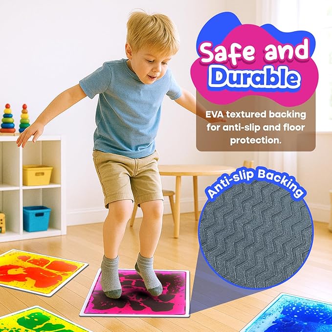 Sensory Floor Tiles for Kids Toddlers: 12"x12" Liquid Sensory Mats Puzzle Pads, Colorful Autism Sensory Play Mat for Dancing Stepping Lava Tile Games, Daycare Sensory Room Preschool Must Have(4 Pack)