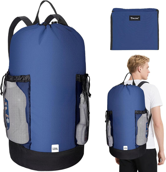 BALEINE 120L Laundry Bag Backpack, 900D Oxford Fabric Large Travel Laundry Bags with Shoulder Straps and 2 Mesh Pockets for College Dorm, Apartment, Laundromat (Navy, 120L)