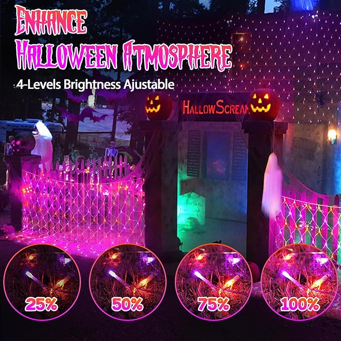 JXLEDAYY 200 LED Halloween Net Lights Outdoor Waterproof 3M*2M Mesh Lights Fairy String Lights Plug in with Timer 8 Modes for Bush Window Fence Garden Yard Roof Wall Decor-Purple and Orange