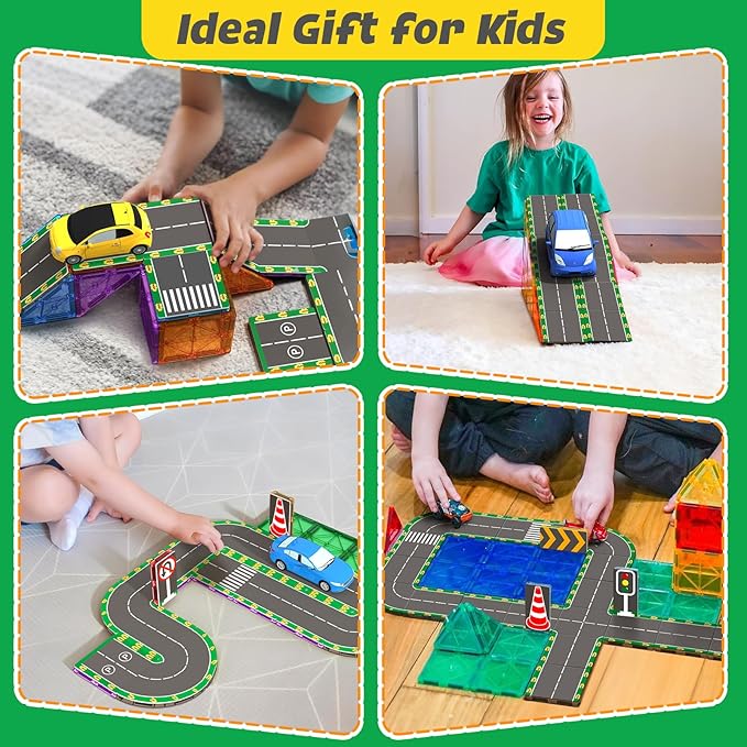 64PCS Magnetic Tiles for Kids Ages 3-5 4-8 Magnetic Building Blocks Road Expansion Pack for Toddlers Creative Learning Construction Toys Gift for Kids 3 4 5 6 7+Year Old Boys Girls Christmas Birthday