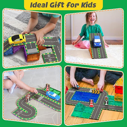 64PCS Magnetic Tiles for Kids Ages 3-5 4-8 Magnetic Building Blocks Road Expansion Pack for Toddlers Creative Learning Construction Toys Gift for Kids 3 4 5 6 7+Year Old Boys Girls Christmas Birthday