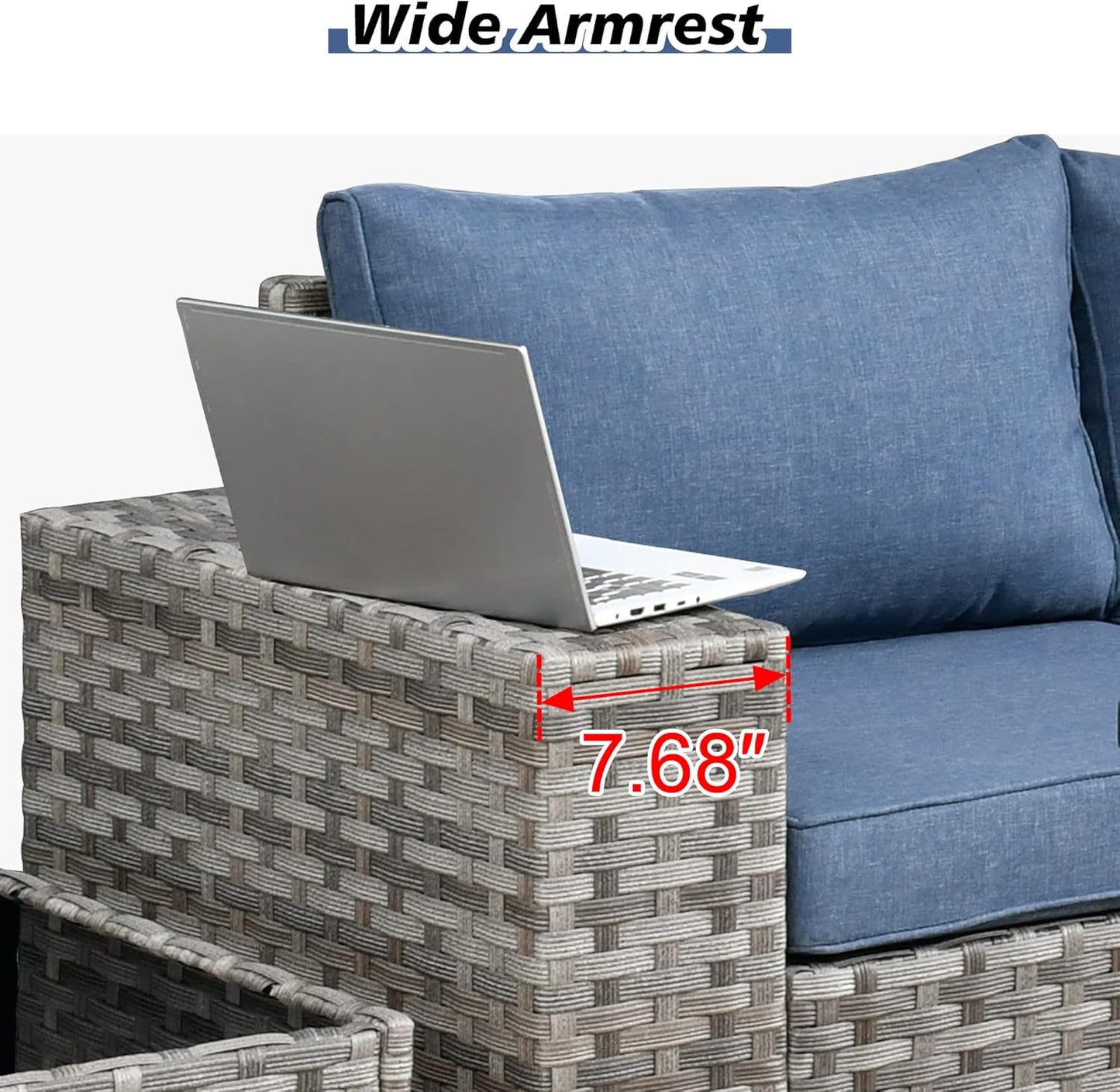 HOOOWOOO Modular Patio Outdoor Sectional Furniture Set with Gas Propane Fire Pit Table,7 Piece Wicker Conversation Sofa Set,Out Door Couch Set with Wide Arm Outside(Denim Blue)