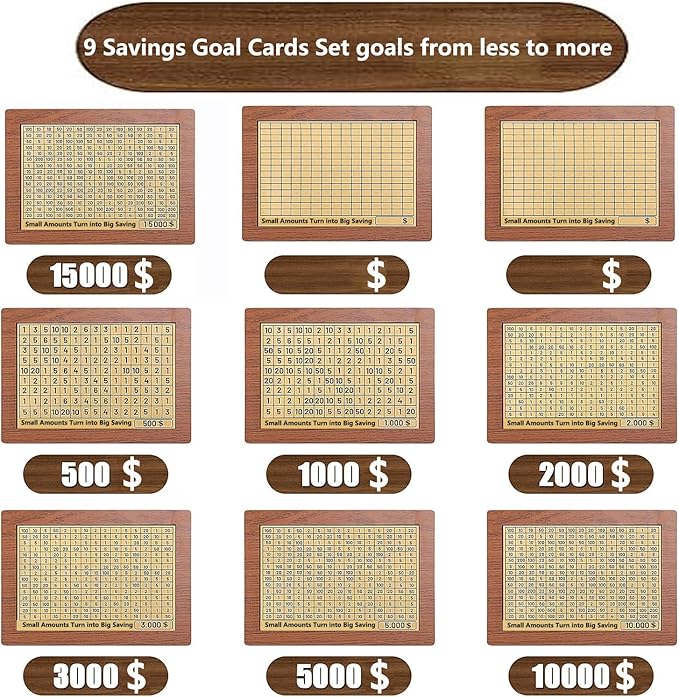 Cash Vault Wooden Savings Box 10000 5000 15000 3000 2000 1000 500 Cash Box with 2 Blank Savings Tracker, Official Save Box $10000 Brown