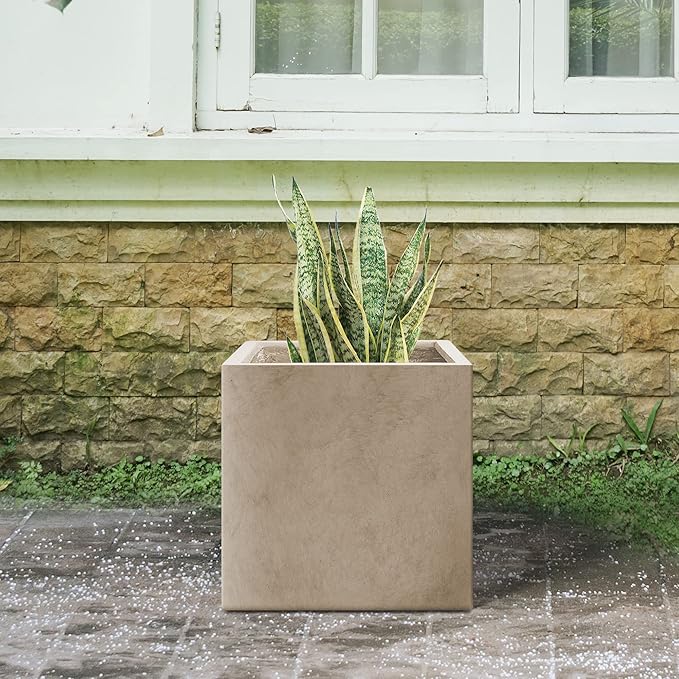 Kante 16 Inch Square Concrete Planter for Outdoor Indoor Home Patio Garden, Large Plant Pot with Drainage Hole and Rubber Plug, Weathered Concrete