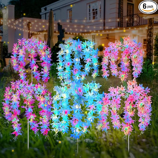 Neporal Solar Flowers Outdoor Waterproof IP65, 5 Lilac Flower Vines with 140+ Flowers, 2 Lightning Modes &Enlarged Solar Panel, 6PK Blue/Pink/Purple Solar Garden Lights Outdoor for Garden, Yard Decor