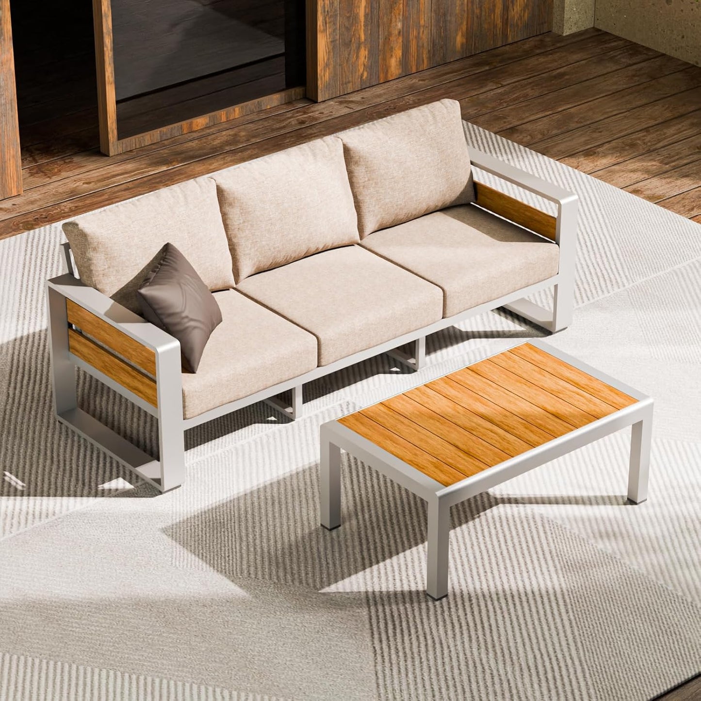 ZANDOR Aluminum Outdoor Patio Furniture - 1 Pcs 3-Seat and Coffee Table, All-Weather Metal Modern Outside Furniture with Washable Thick Cushion for Garden/Backyard/Porch, Silver