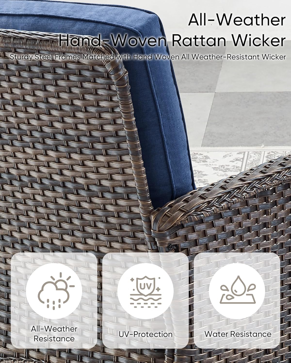 HUMMUH Outdoor Patio Couch-Outdoor Rattan Couch with Thick Cushions Outdoor Sofa for Deck Lawn Porch Balcony Poolside-Brown/Blue