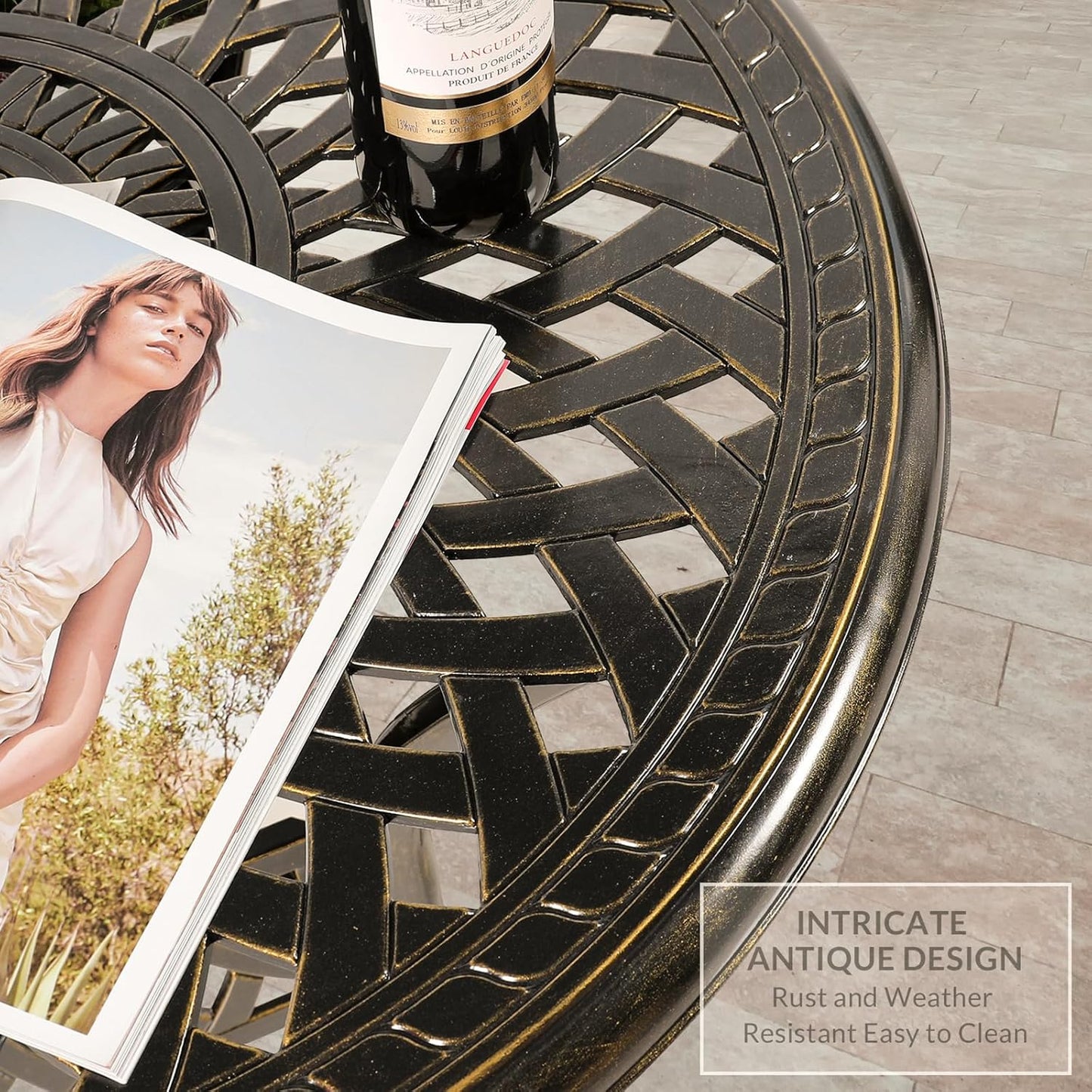 VIVIJASON 3-Piece Patio Bistro Set, All-Weather Cast Aluminum Outdoor Furniture Dining Sets Include 2 Cushioned Chairs and 31" Round Table w/Umbrella Hole for Balcony, Backyard, Ocean Blue Cushion