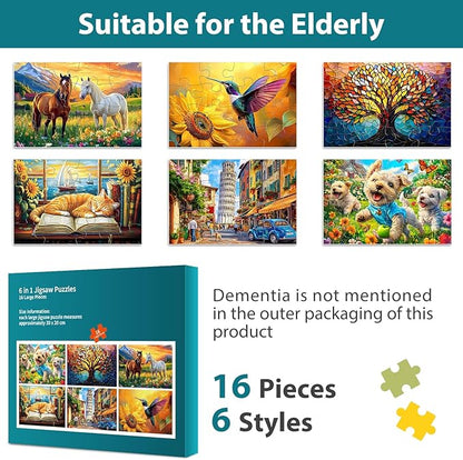 6 Packs 16 Large Piece Puzzle for Seniors, Alzheimer's & Dementia Activities, Easy Puzzle, 6 Storage Bags