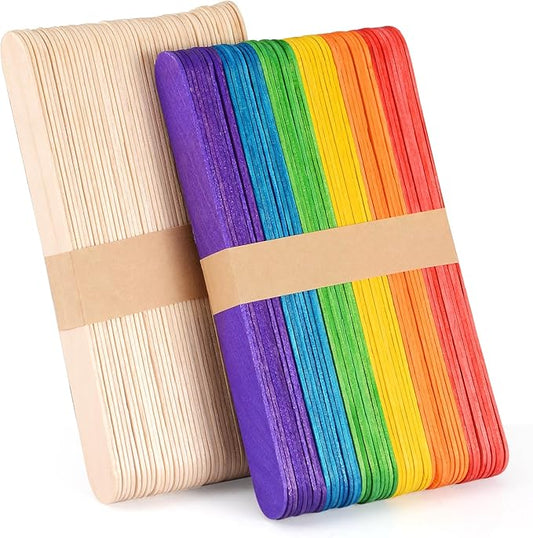 100 Piece Multicolor Jumbo Wooden Craft Sticks (6" x 3/4"), Large Popsicle Sticks for Waxing, Craft Project,Tongue Depressor,DIY Classroom Crafts,Woodcraft (Wood, Rainbow)