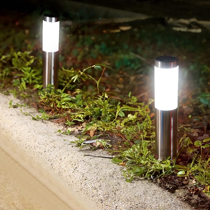 TECHKO Stainless Steel Outdoor Solar Bollard Path Lights (2-Pack), Solar Cylinder Pathway Lights (Stainless Steel)