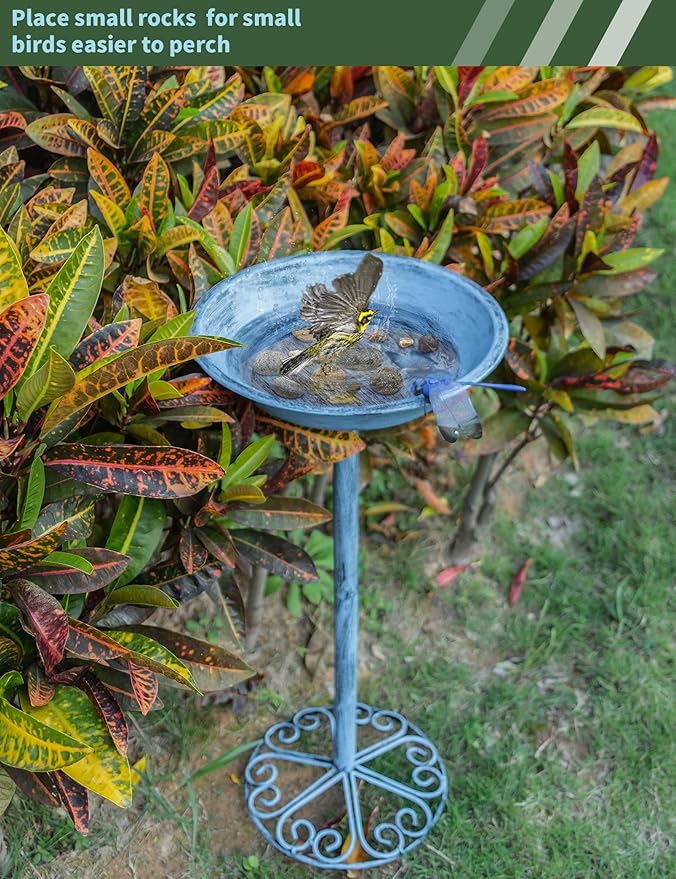 Bird Baths for Outdoors 25.5 Inch Height Outdoor Garden Bird Feeder Metal Birdbath with Dragonfly for Garden Yard and Lawn Decoration,Blue