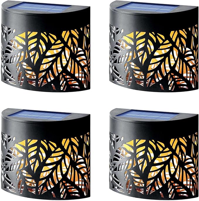 DenicMic Solar Wall Lights Outdoor 4 Pack Fence Solar Lights Led Waterproof Deck Lighting for Patio Pool Step Front Door, Metal Leaf Fence Decoration, Warm White/Color Changing