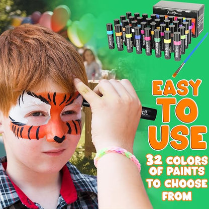Jim&Gloria Face Paint Kit Bulk 32 Professional Face Painting Kit for Kids Party, Metallic, Neon, Classic Facepaint Crayons, Washable Body Paint Adults, Halloween Makeup, Boys Girls Gifts Crafts Toys