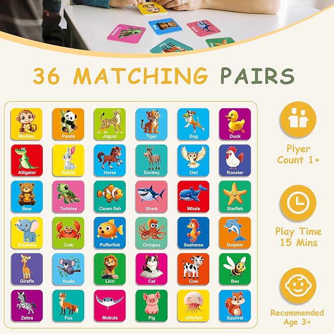 72 PCS Animals Memory Matching Game for Kids, Animal Theme Memory Game for Toddlers, Memory Cards Concentration Game for Ages 3 and Up