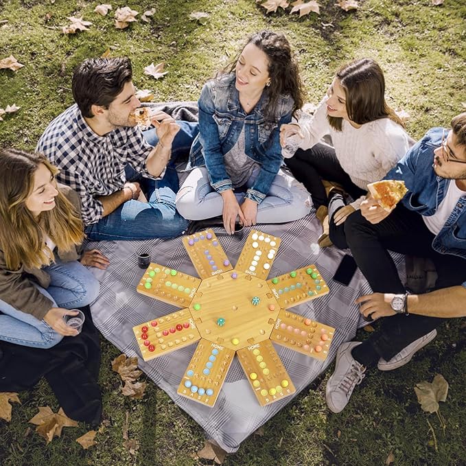 Marble Board Game,Wooden Board Game for 6-8 Players,Portable Design Marble Game with 32 Marbles 16 Dice, Family Game Night Gift for Kids & Adults