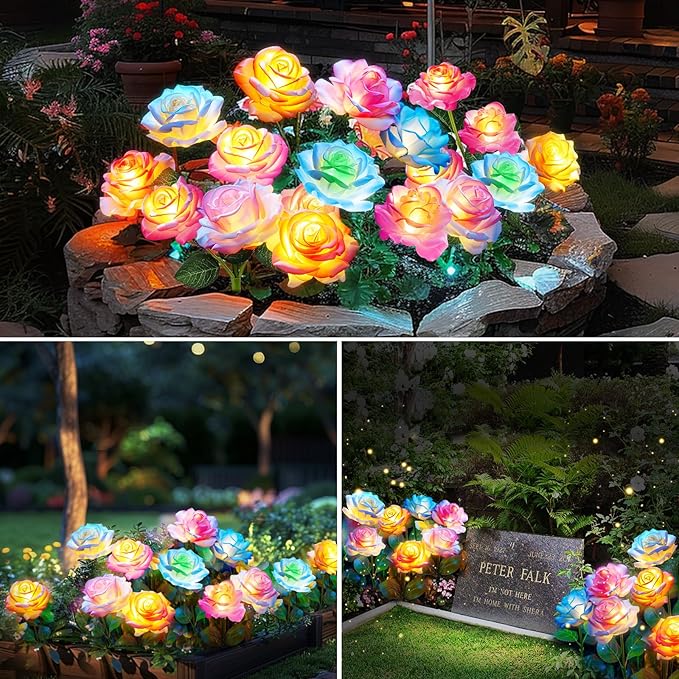 Solar Garden Lights, 6 Pack Solar Flowers Outdoor Waterproof with Rose, Garden Lights Solar Powered Waterproof, Solar Flower Lights, Solar Lights for Outside Yard Decorations Outdoor