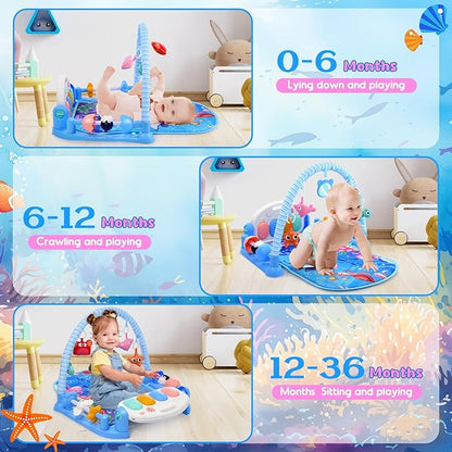 Baby Gyms Play Mats, Baby Toys Tummy Time Mat, Baby Activity Mat Play Piano Gym with 5 Sensory Toys for Babies, Music and Lights Boy & Girl Gifts for Infant Newborn Baby 0-3 4-6 6-9 6-12 Months