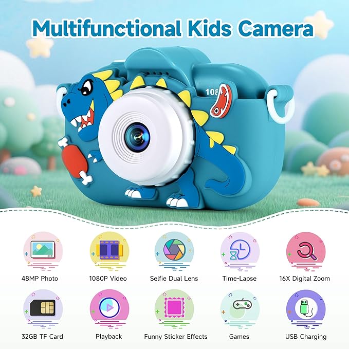 Kids Camera Toddler Toys for Boys Aged 3-9, 1080P Toddler Camera Christmas Birthday Gifts for Boys Ages 3 4 5 6 7 8 9, Digital Selfie Camera with Cute Protective Cover and 32GB SD Card