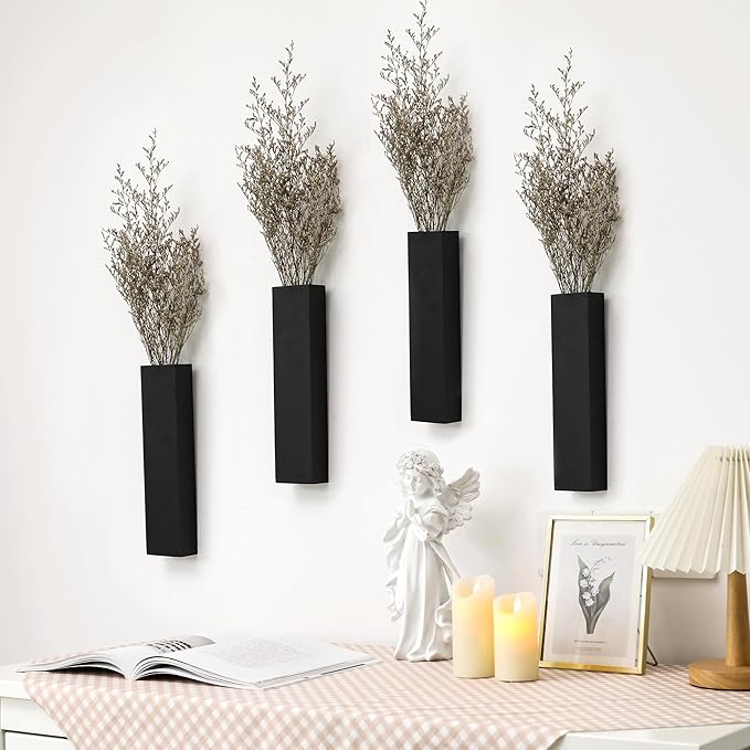 Wood Wall Planter 4 Pack Wall Decor for Artificial Flower Plants Wooden Plants Holders Wall Plant Pocket Vase Hanging for Living Room Bedroom Dining Room Bathroom Indoor Decroation (Black)