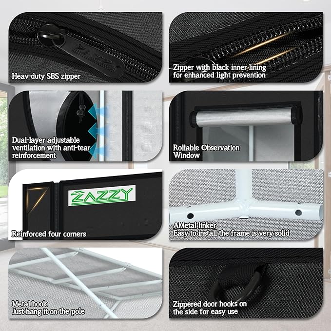 zazzy Grow Tent 48"x48"x72" Roof Cube Plant Grow Tents with Observation Window and Removable Floor Tray for Indoor Plant Growing Seedling 4x4