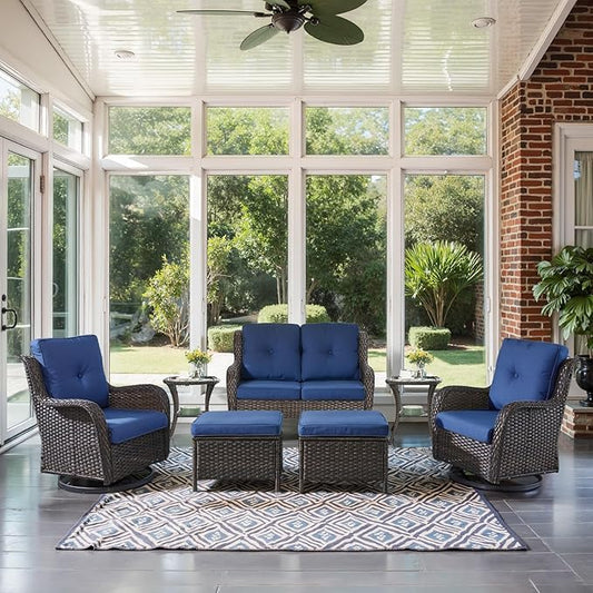 Outdoor Patio Furniture Set - 7 Piece Brown Wicker Conversation Patio Furniture Set All Weather Swivel Chairs with Ottoman and Loveseat Glider Chair for Deck Balcony Backyard