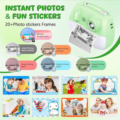 Kids Camera Instant Print 1080P Front Rear Dual Selfie - Toddler Cameras with Digital Video Games,32GB & 5-Color Print Paper/ 250 Photos,Easy to Use & Great Toys Gifts for Boys Girls, Ages 3-12 Green