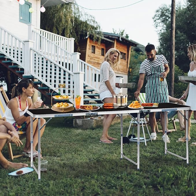 Outvita 6ft Portable Folding Camping Table, Outdoor Waterproof Adjustable Height Table, Aluminum Lightweight Suitcase Foldable Table for Picnic BBQ Beach Dining