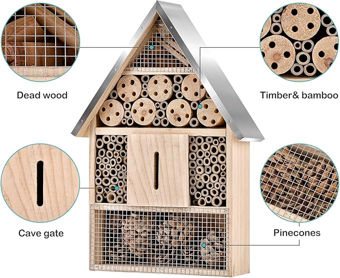 Wooden Mason Insect Bee Butterfly House,Insect Hotel,an Outdoor Hanging Bamboo Habitat for Bee Butterfly Ladybugs Live,Bee Box,Butterfly Habitat for Garden,9 x 15.7 x 2.5 Inch