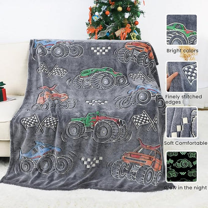 Kids Boys Truck Toys Car Blanket Gifts - Glow in The Dark Fleece Throw Blanket for Couch Bed Sofa Room Decor Birthday Christmas Easter 50" x 60"