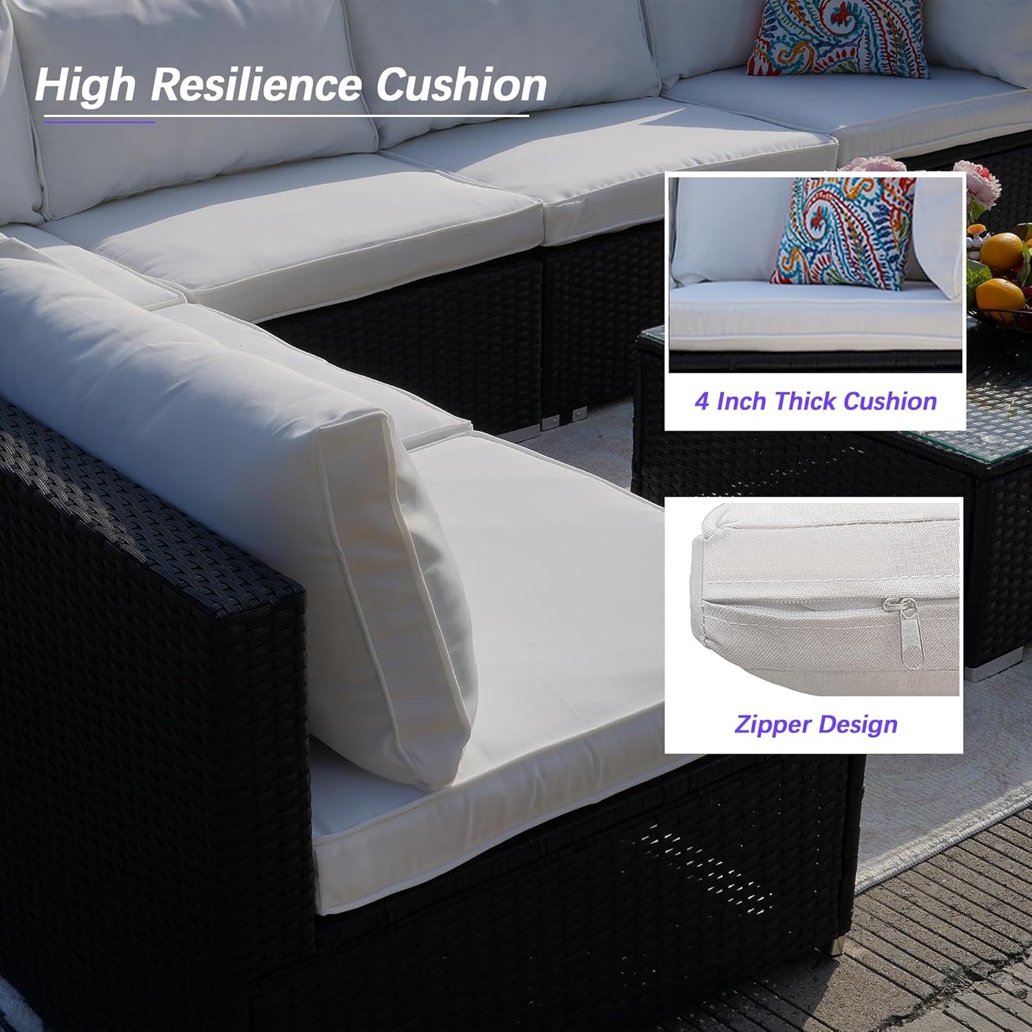 7 Piece Patio Furniture Set, Outdoor Couch Set—All-Weather Outdoor Furniture Sectional w Water Resistant Thick Cushions, Patio Sofa Set w 2 Extra Pillows and Coffee Table, Beige/Black