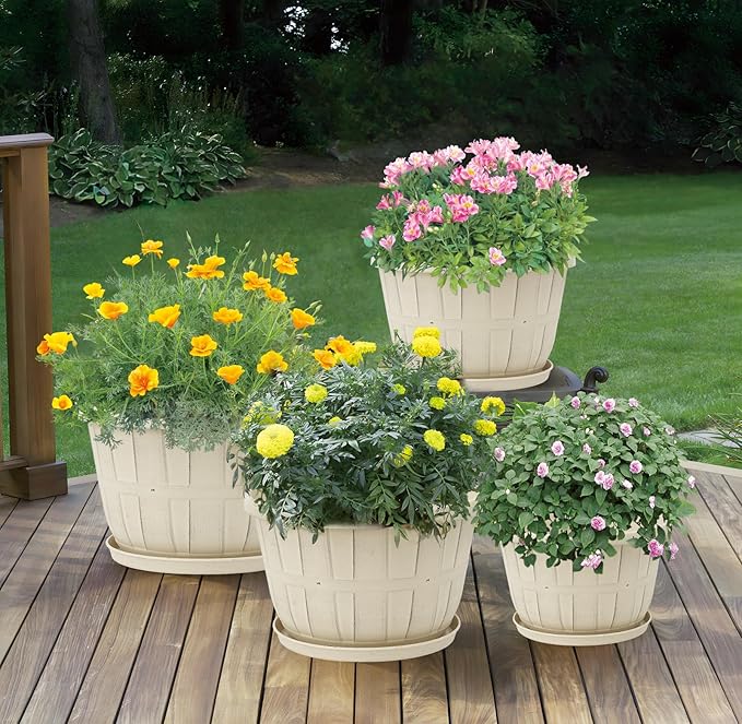 Quarut 14 Inch Plastic-Flower-Pot-for-Indoor-Plants, 4 Pack Large Outdoor Planter Pot with Drainage Holes & Saucers, Resin Decorative Garden Pots Planters（Beige）