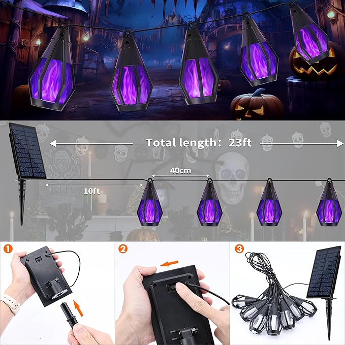 Solar Halloween Lights Outdoor, 13Ft Outdoor String Lights with 10 Flickering Flame Bulb, Waterproof Solar Powered Purple Halloween Lights LED Flame Lights for Halloween Decorations Yard Patio Garden