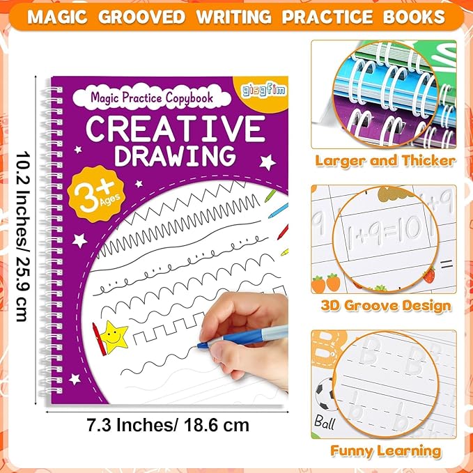 gisgfim 8 Pack Magic Grooved Writing Practice Books for Kids Reusable Magical Handwriting Workbooks with Disappearing Ink Pens Letter,Numbers,Math Tracing Copybook for Kindergarten Preschool Age 3-8