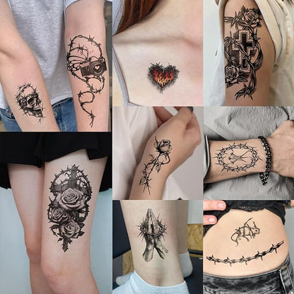 77 Sheets Temporary Tattoo for Women Men, 17 Sheets Half Arm Large Black Barbed Wire Fake Tattoos, 60 Sheets Skull Heart Flowers Tiny for Adult Kids Cosplay Party Body Tattoos Stickers Realistic