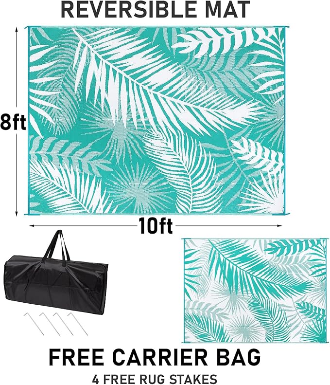 Outdoor Rug 8'x10' Waterproof for Patios Clearance, Reversible Outdoor Plastic Straw Rug Camping Carpet, Outside Floor Mats Large Area Rugs for RV,Patio,Deck,Porch, Beach,Balcony,Teal&White