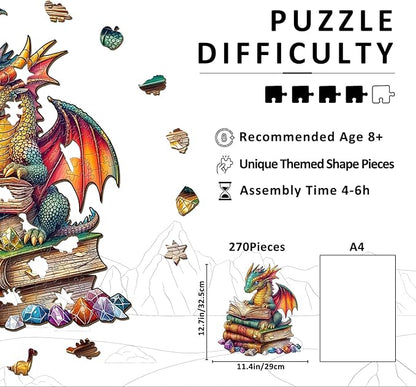 Wooden Puzzles for Adults - Reading Dragon Wood Puzzles Adult - Unique Animal Shape Wooden Jigsaw Puzzles for Adults - Birthday Gifts for Puzzle Lovers, Family (13.3 * 13.3in)
