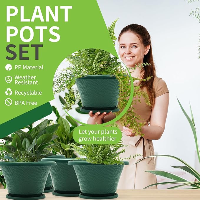 Quarut 12 Inch Plant Pot,4 Pack Large pots for Plants,Flower Pots with Drainage Hole & Saucer,Modern Planters for Indoor Outdoor Plants,Decorative Resin Garden Pots,Green